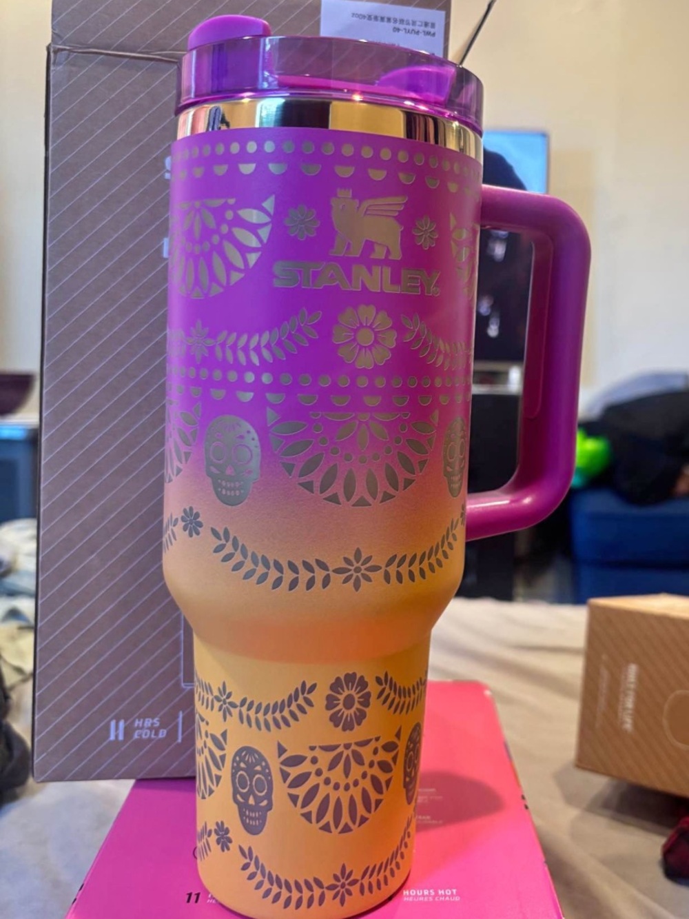 Stanley Dia de Los muertos day of the dead yellow pink Travel Mug Handle - Picture 4 of 4